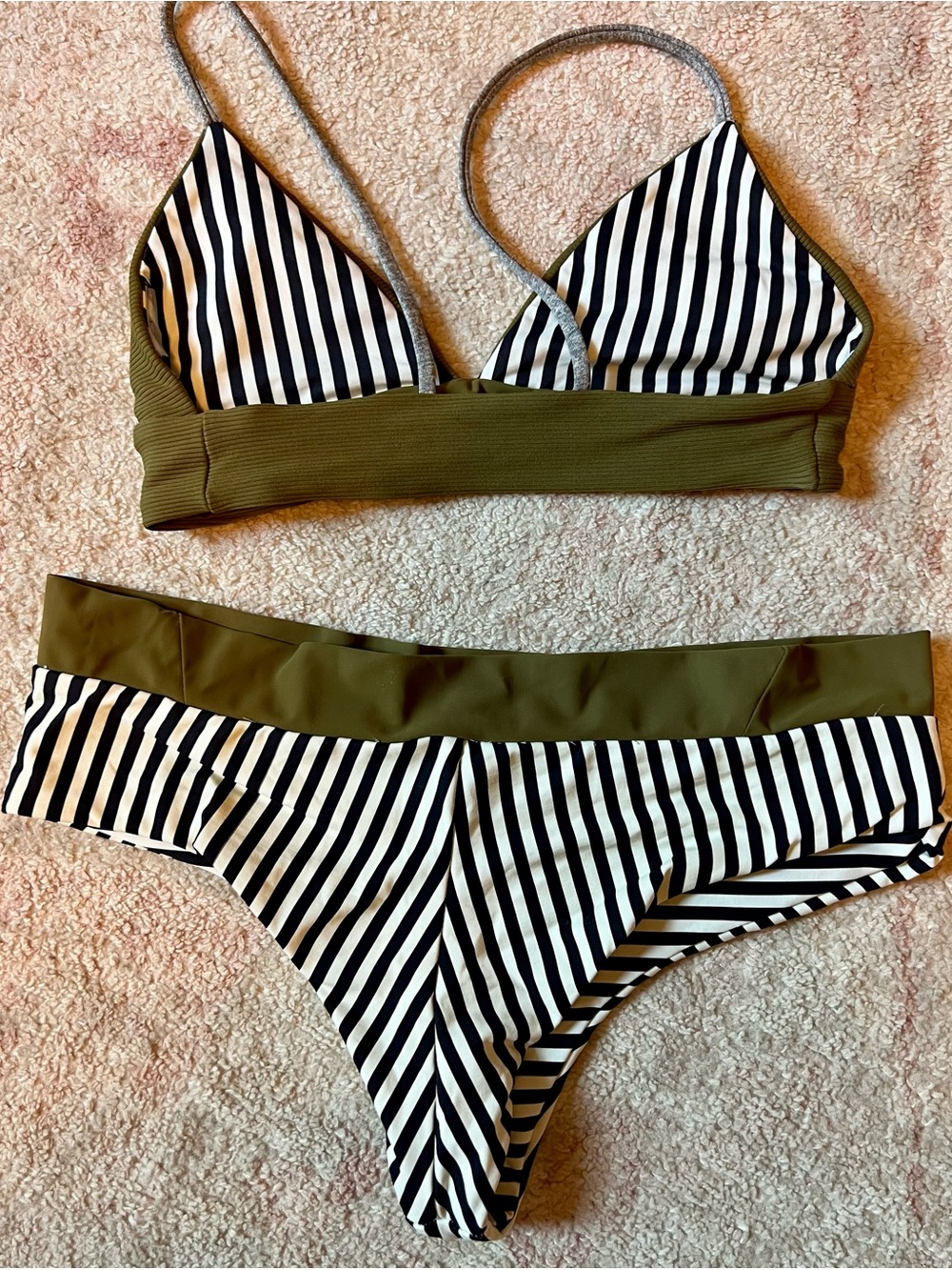 Boys + Arrows Striped Navy & White Bikini with Olive Trim - Picture 2 of 7